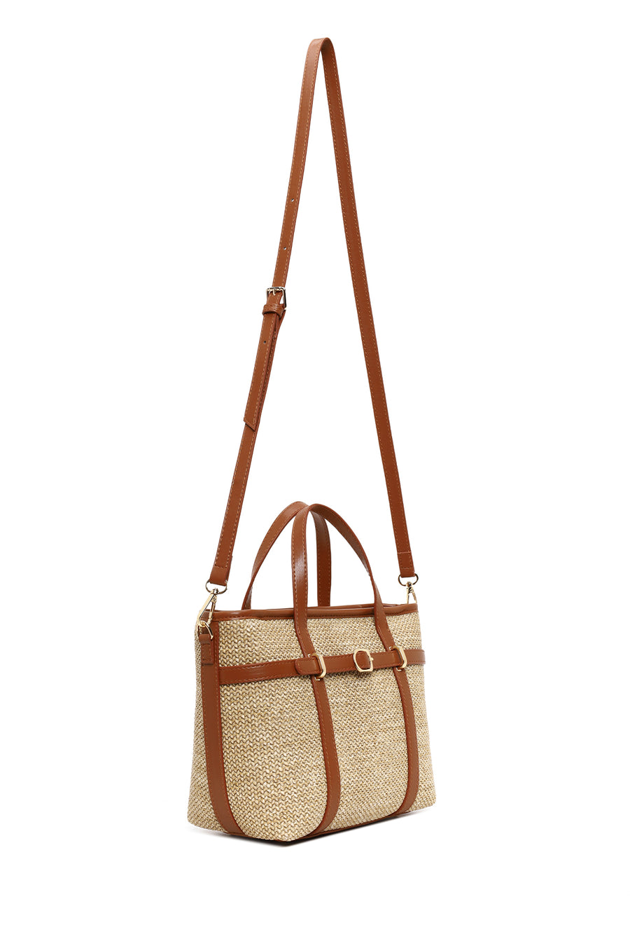 Woman Tan Mini Straw Shoulder Bag with Long Strap
