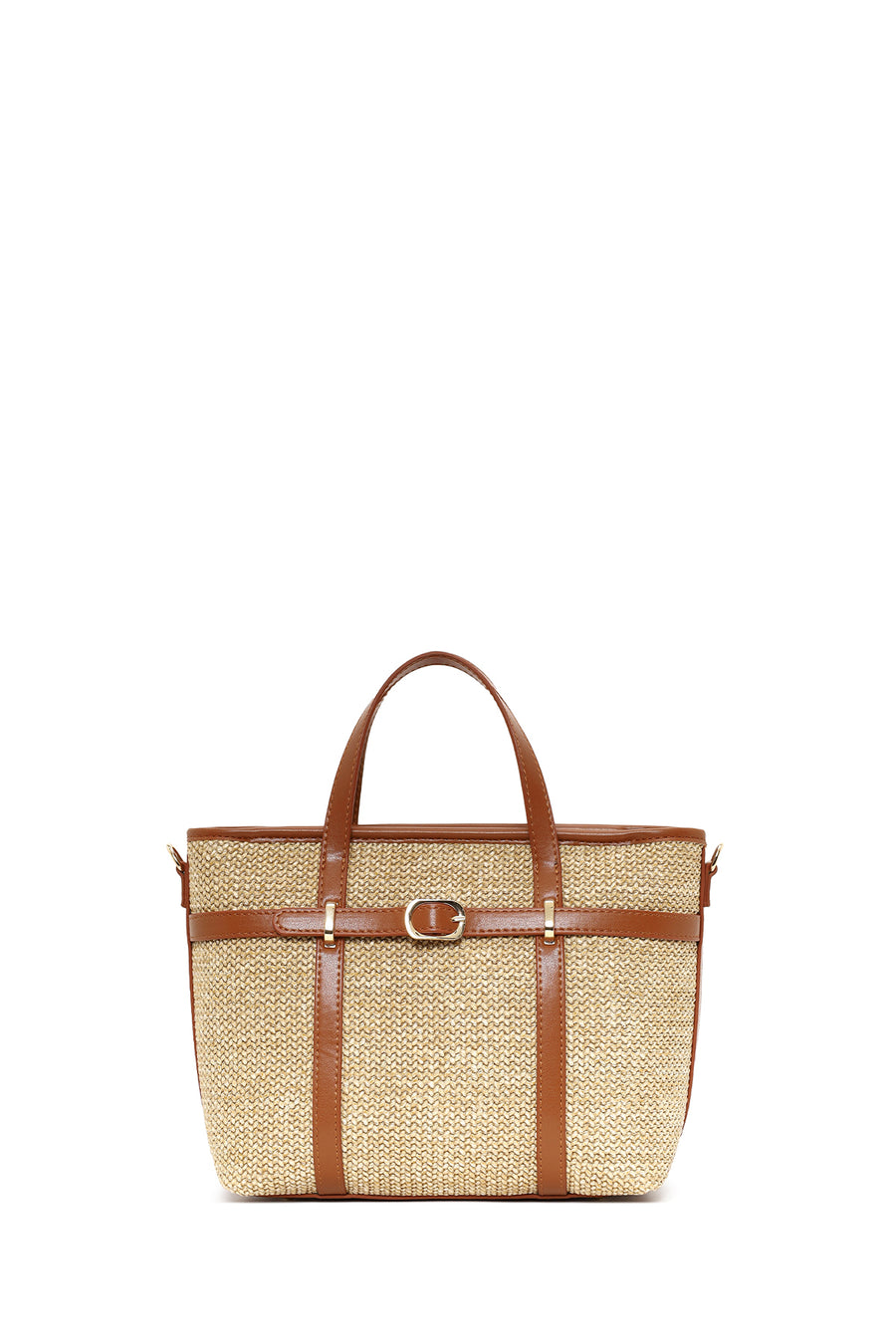 Woman Tan Mini Straw Shoulder Bag with Long Strap