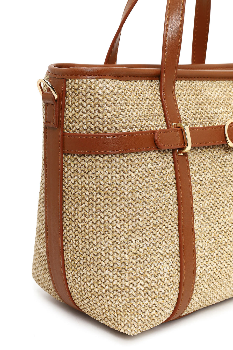 Woman Tan Mini Straw Shoulder Bag with Long Strap