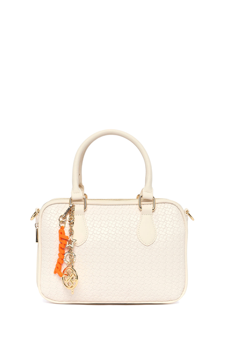 Women's Cream Long Strap Printed Charm Handbag