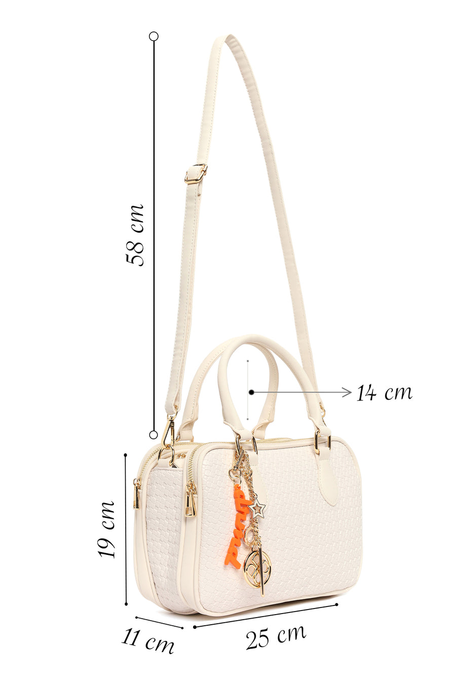 Women's Cream Long Strap Printed Charm Handbag