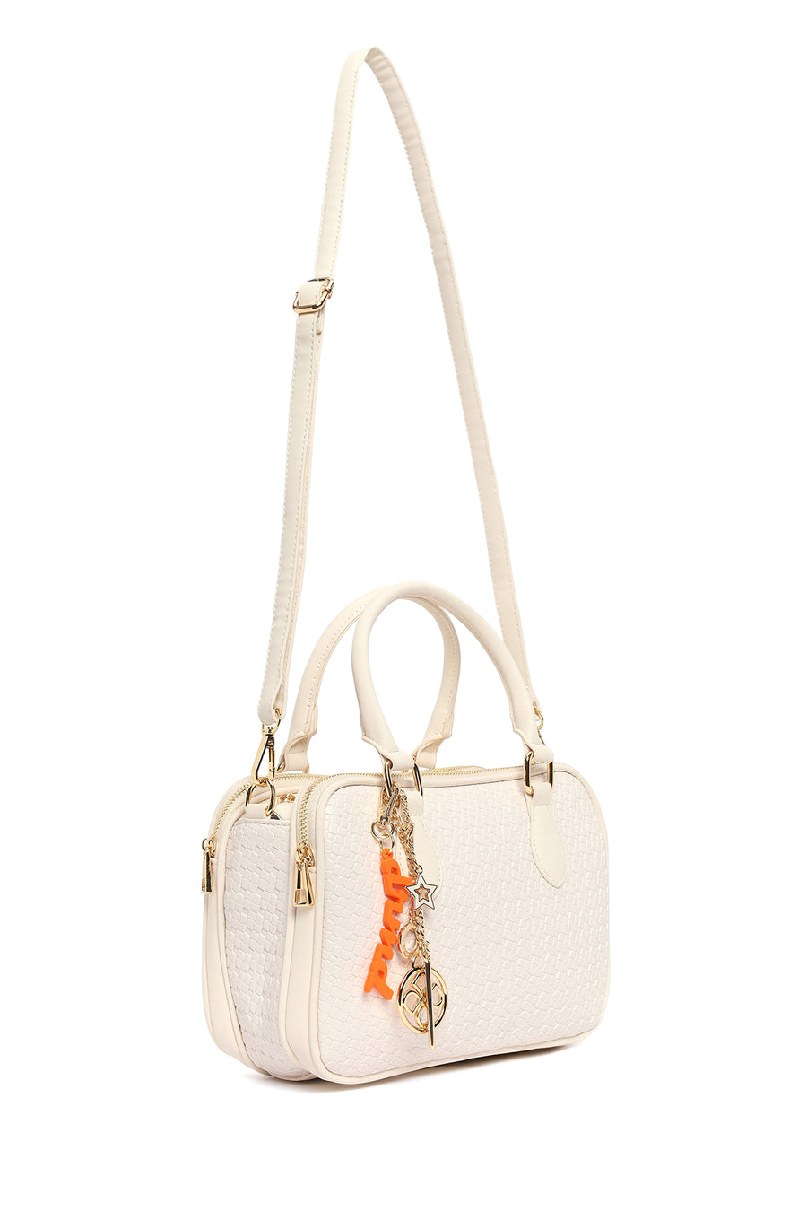 Women's Cream Long Strap Printed Charm Handbag
