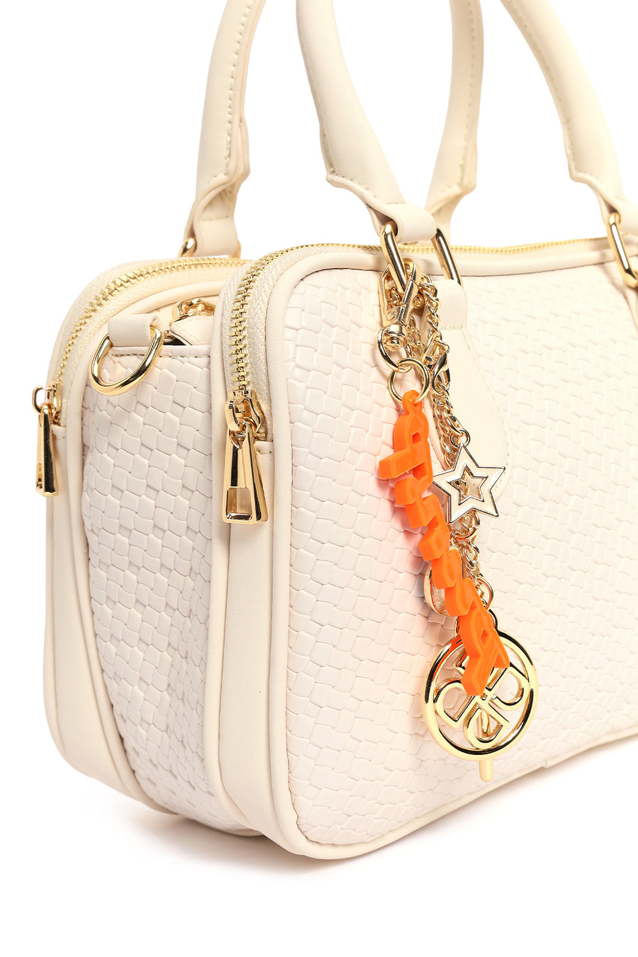 Women's Cream Long Strap Printed Charm Handbag