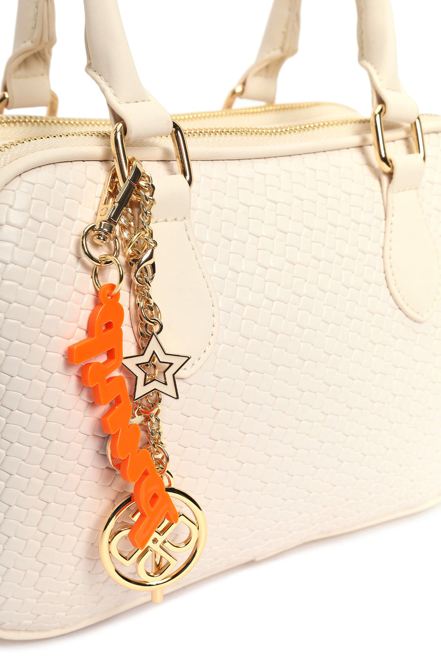 Women's Cream Long Strap Printed Charm Handbag