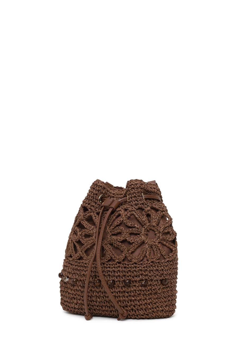 Woman Brown Long-Strap Drawstring Woven Straw Shoulder Bag