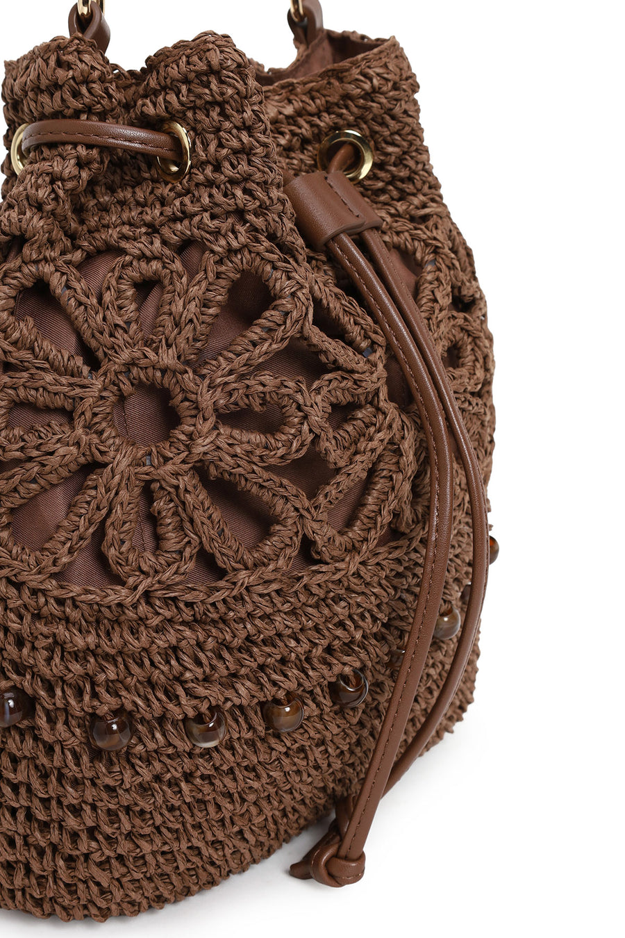Woman Brown Long-Strap Drawstring Woven Straw Shoulder Bag