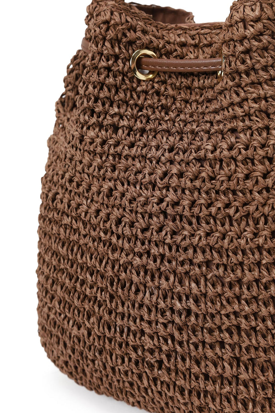 Woman Brown Long-Strap Drawstring Woven Straw Shoulder Bag