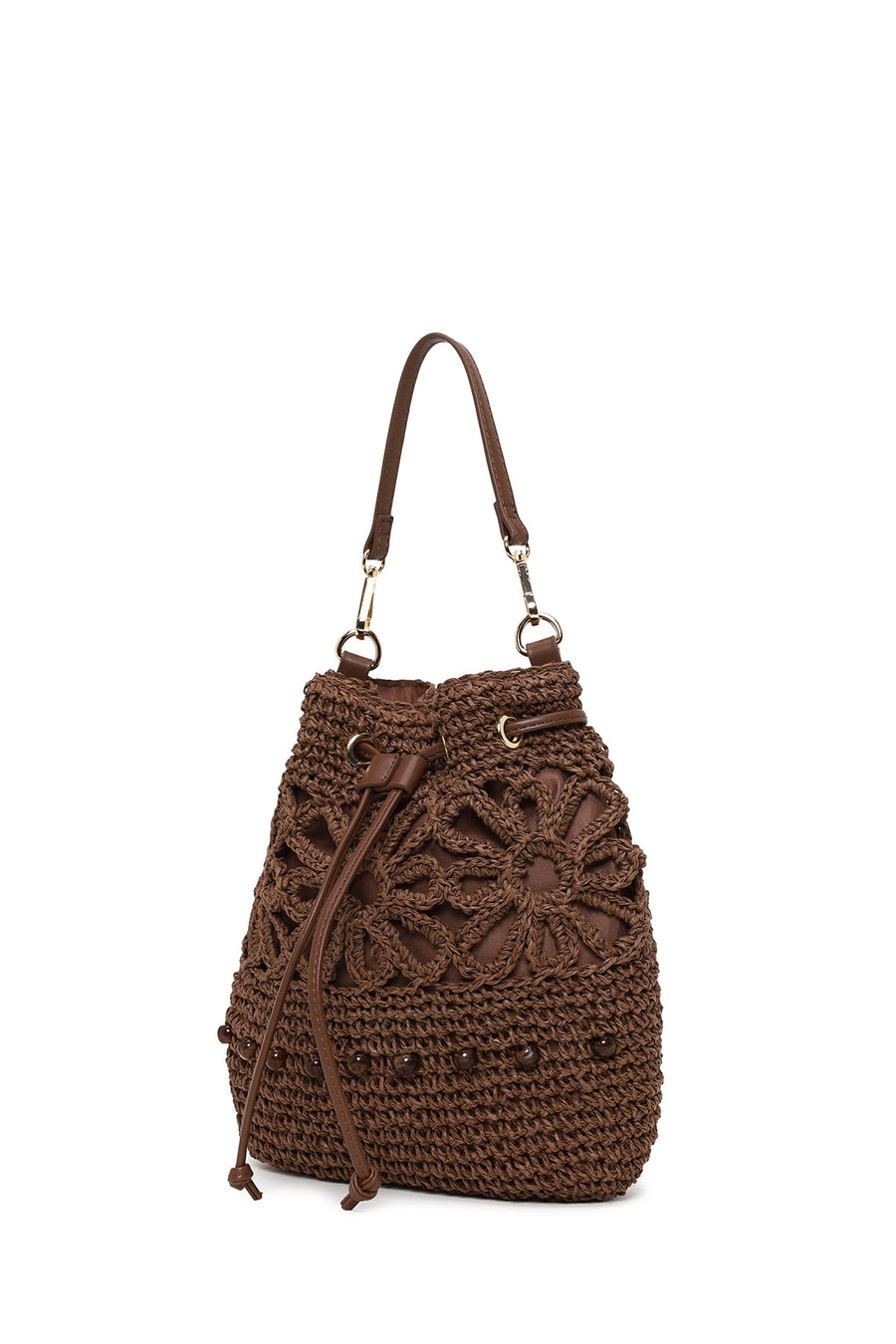 Woman Brown Long-Strap Drawstring Woven Straw Shoulder Bag