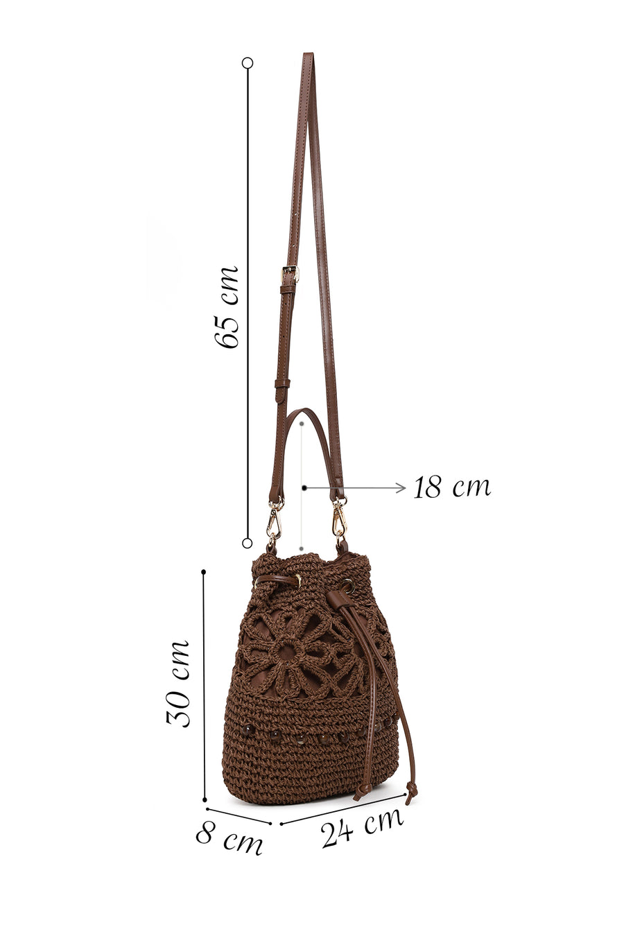 Woman Brown Long-Strap Drawstring Woven Straw Shoulder Bag