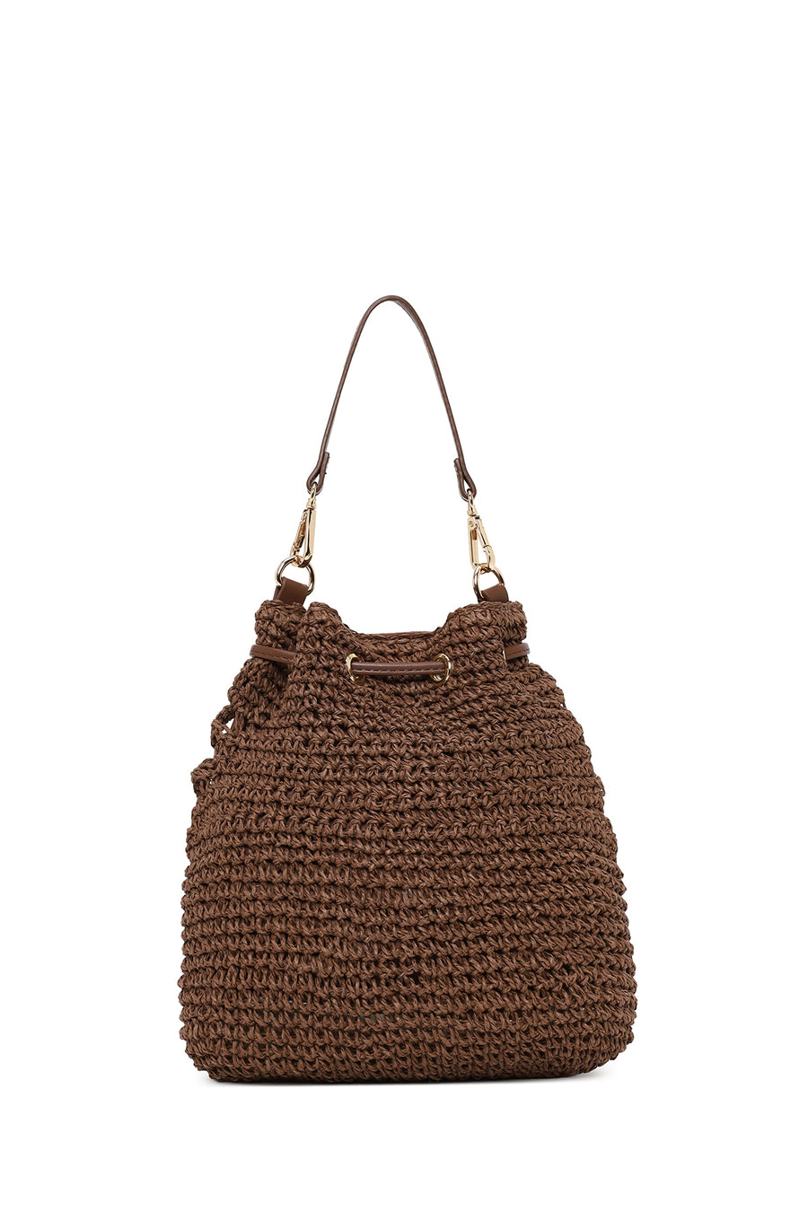 Woman Brown Long-Strap Drawstring Woven Straw Shoulder Bag
