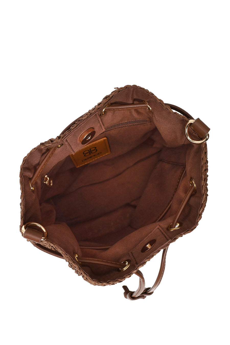 Woman Brown Long-Strap Drawstring Woven Straw Shoulder Bag