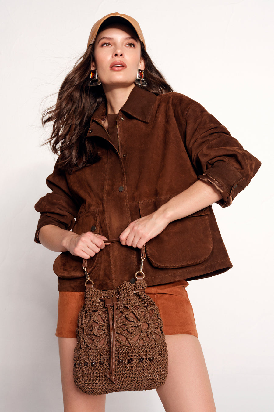 Woman Brown Long-Strap Drawstring Woven Straw Shoulder Bag