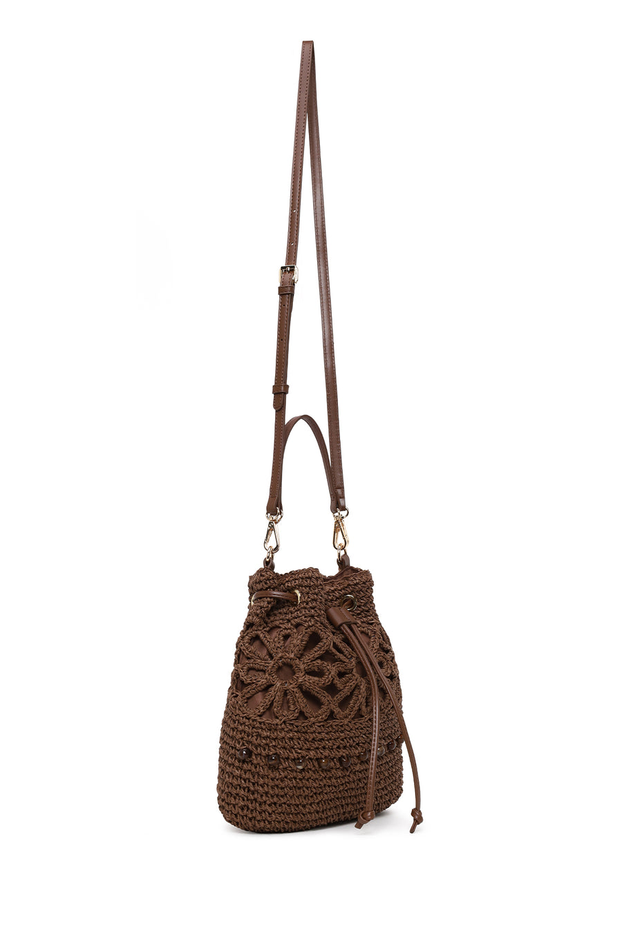 Woman Brown Long-Strap Drawstring Woven Straw Shoulder Bag