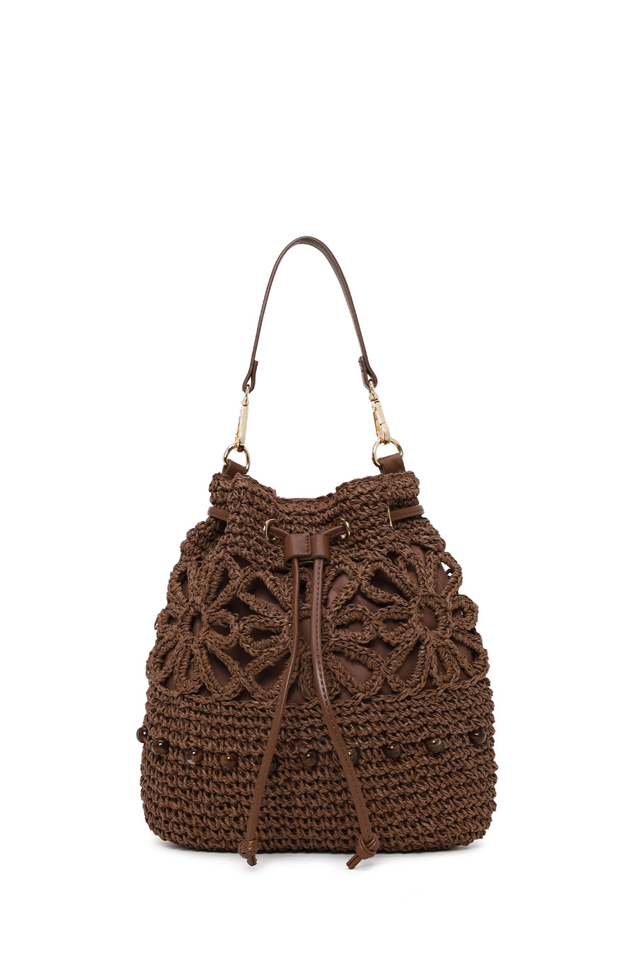 Woman Brown Long-Strap Drawstring Woven Straw Shoulder Bag