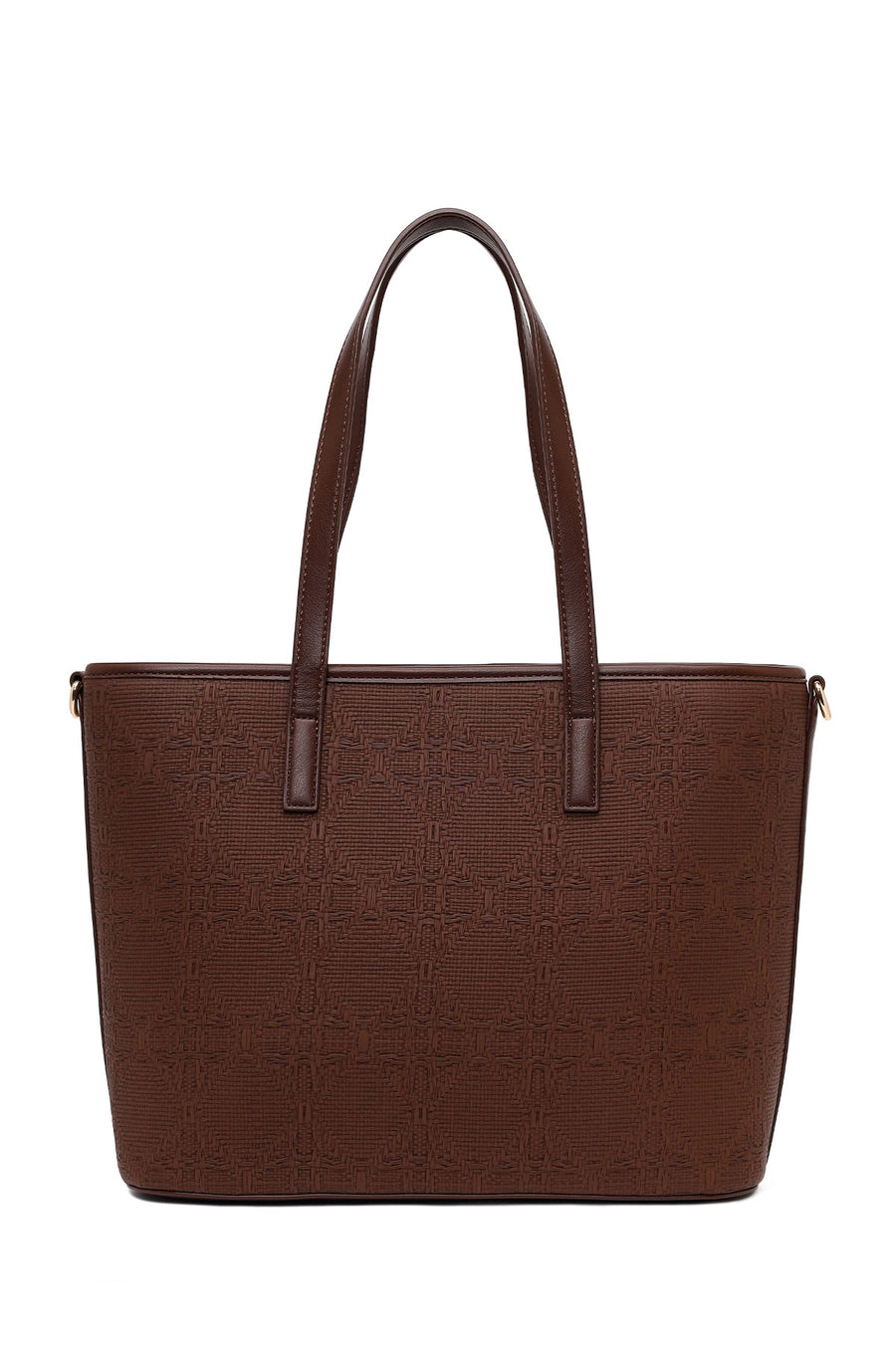 Woman Brown Long-Strap Patterned Wicker Shoulder Bag