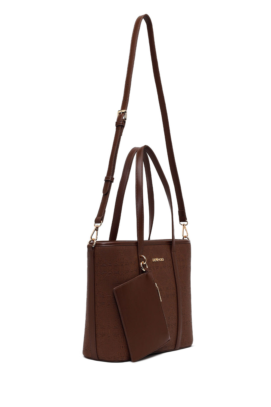 Woman Brown Long-Strap Patterned Wicker Shoulder Bag