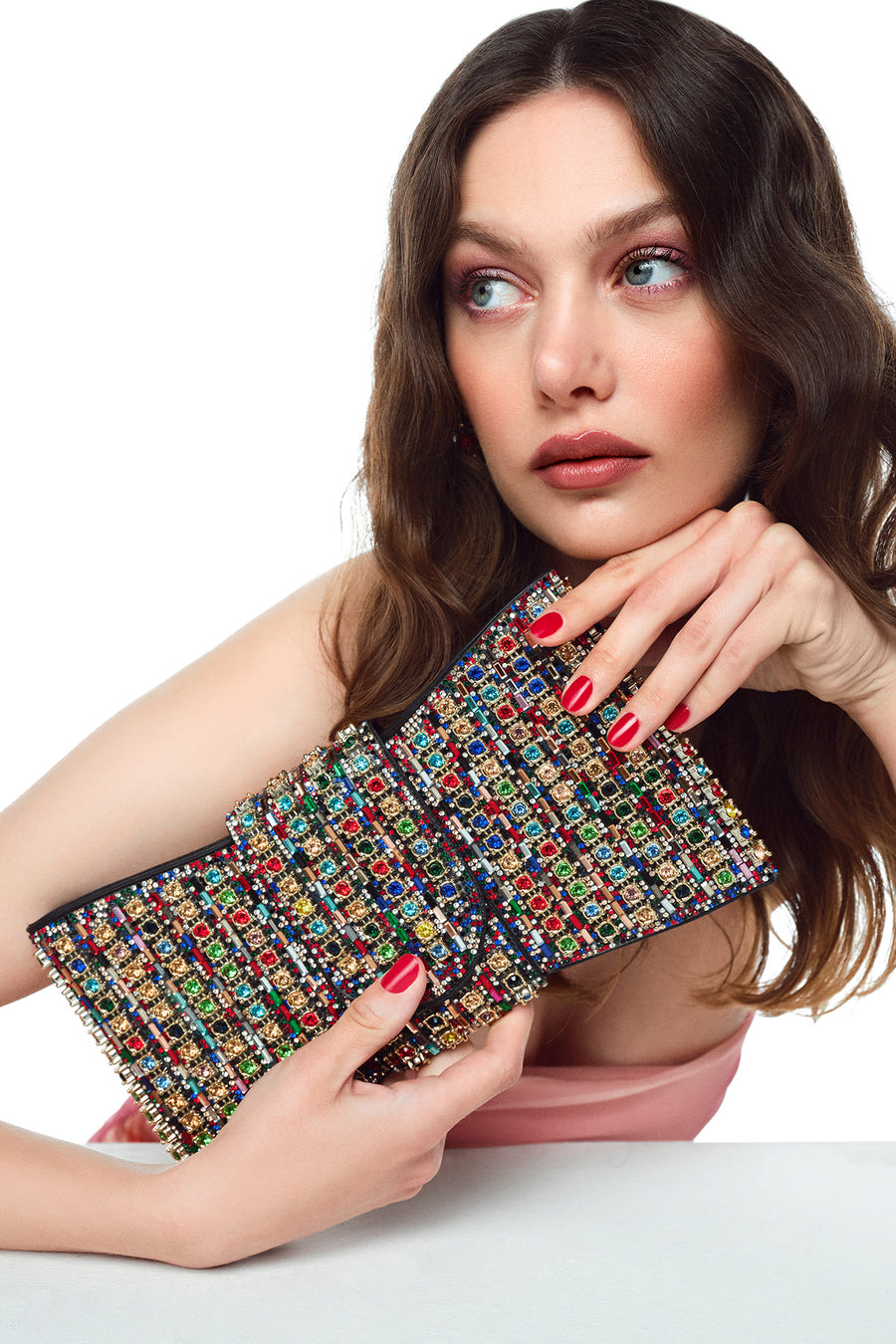 Women's Colorful Long Strap Embellished Mini Box Dress Bag