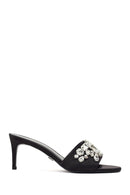 Women's Black Thin-Heeled Satin Slippers with Rhinestones | Derimod