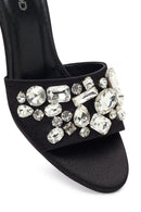 Women's Black Thin-Heeled Satin Slippers with Rhinestones | Derimod