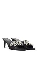 Women's Black Thin-Heeled Satin Slippers with Rhinestones | Derimod