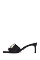 Women's Black Thin-Heeled Satin Slippers with Rhinestones | Derimod