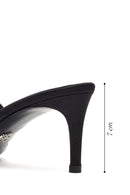 Women's Black Thin-Heeled Satin Slippers with Rhinestones | Derimod