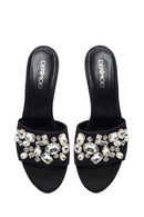 Women's Black Thin-Heeled Satin Slippers with Rhinestones | Derimod
