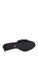 Women's Black Thin-Heeled Satin Slippers with Rhinestones | Derimod