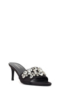 Women's Black Thin-Heeled Satin Slippers with Rhinestones | Derimod