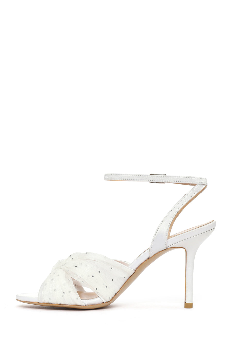 Women's White Ankle Buckle High Thin Heel Fabric Sandals