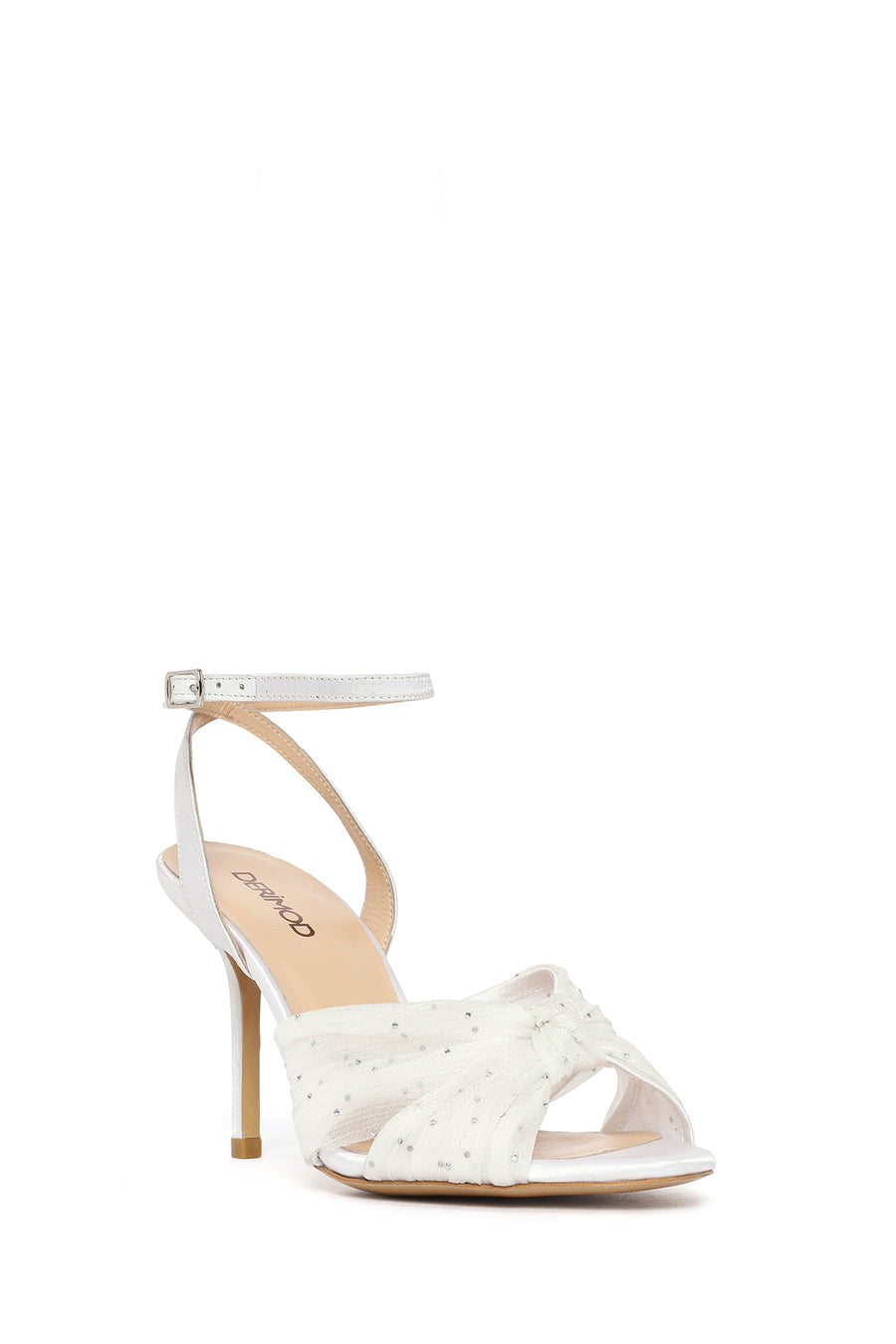 Women's White Ankle Buckle High Thin Heel Fabric Sandals