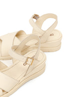 Woman Cream Ankle-Buckle Wedge Leather Sandals | Derimod