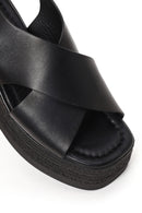 Woman Black Ankle-Buckle Wedge-Heel Leather Sandal | Derimod