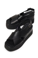 Woman Black Ankle-Buckle Wedge-Heel Leather Sandal | Derimod