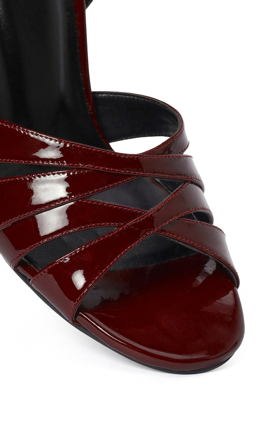 Women's Burgundy Ankle Buckle High Heel Patent Leather Sandals