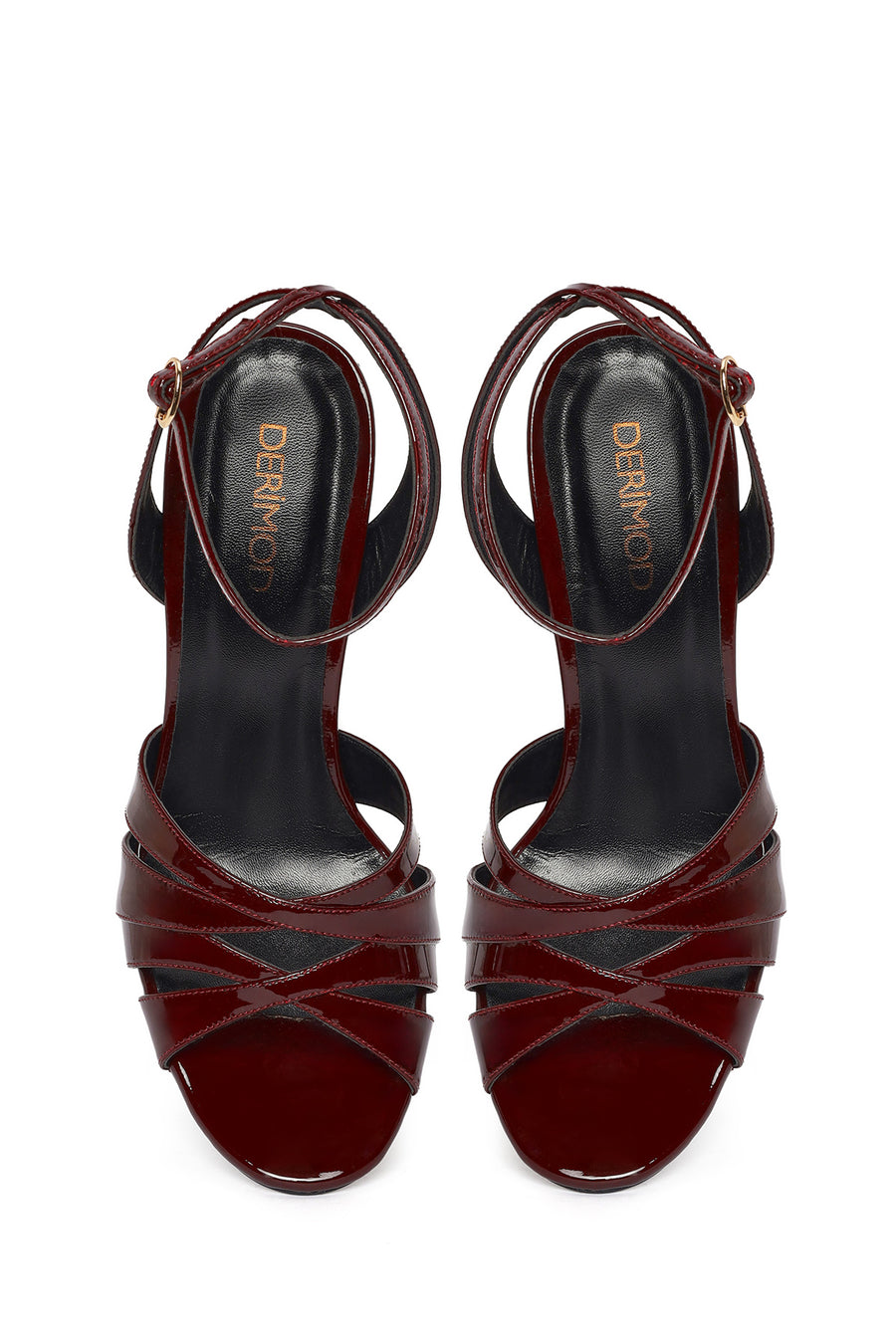 Women's Burgundy Ankle Buckle High Heel Patent Leather Sandals