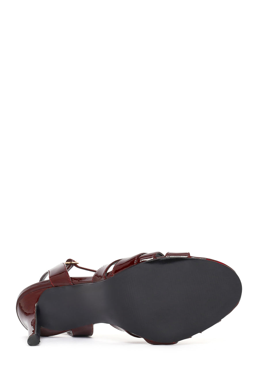 Women's Burgundy Ankle Buckle High Heel Patent Leather Sandals