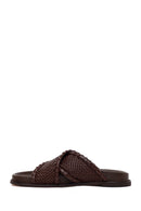 Woman Brown Knitted Patterned Leather Slipper | Derimod