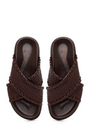 Woman Brown Knitted Patterned Leather Slipper | Derimod