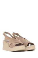 Woman Mink Back-Buckle Wedge-Heel Suede Leather Sandals | Derimod