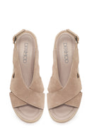 Woman Mink Back-Buckle Wedge-Heel Suede Leather Sandals | Derimod