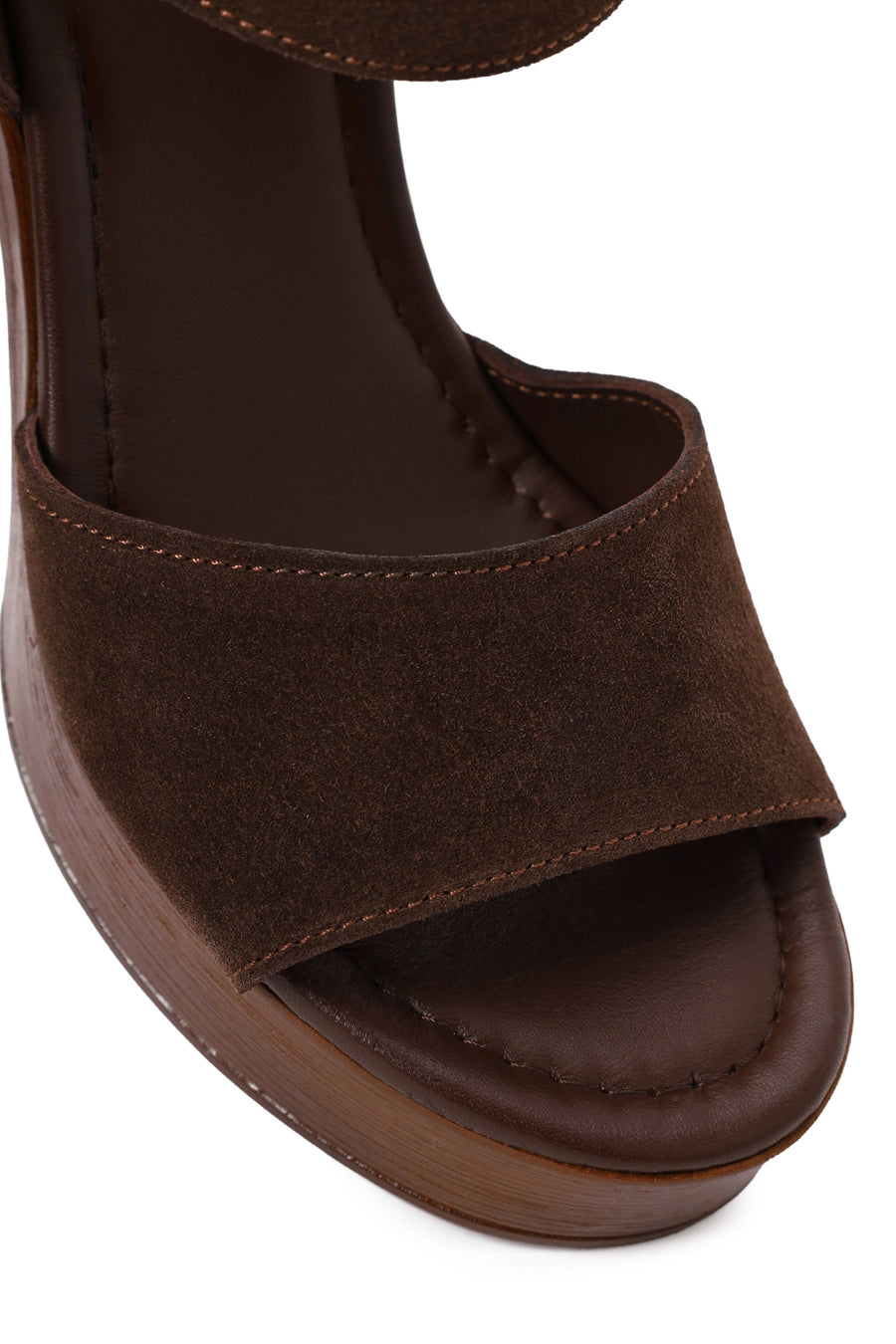 Woman Brown Buckled Platform Chunky Heeled Suede Sandal
