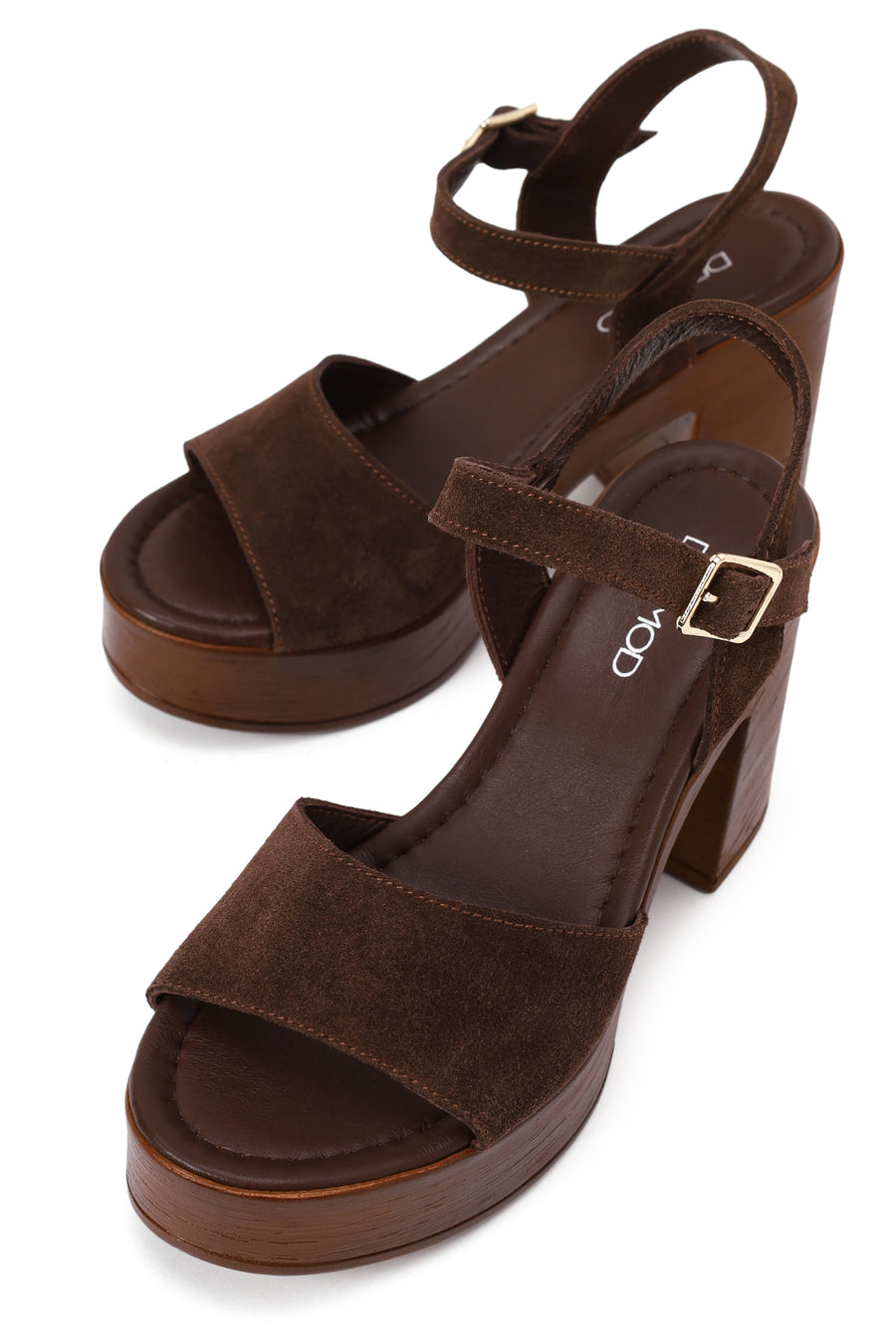 Woman Brown Buckled Platform Chunky Heeled Suede Sandal