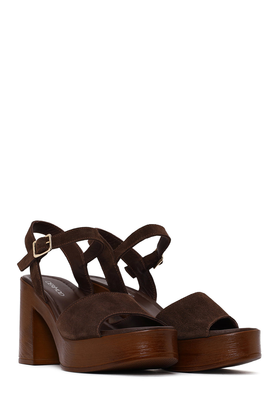 Woman Brown Buckled Platform Chunky Heeled Suede Sandal