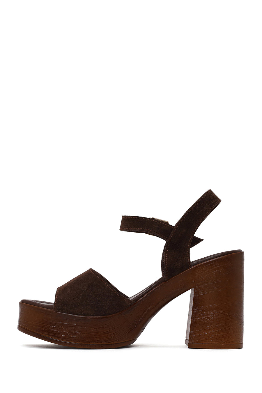 Woman Brown Buckled Platform Chunky Heeled Suede Sandal