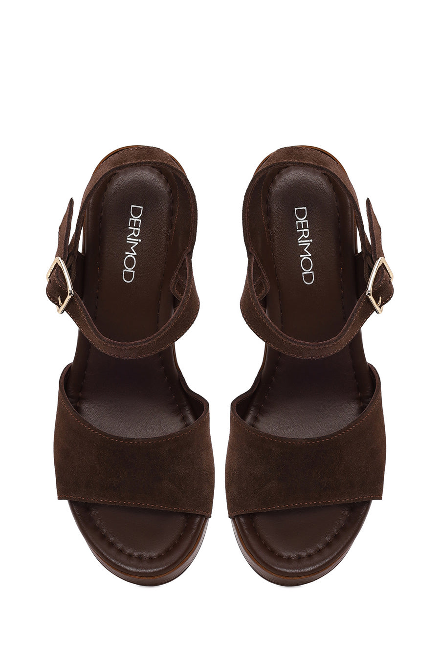 Woman Brown Buckled Platform Chunky Heeled Suede Sandal