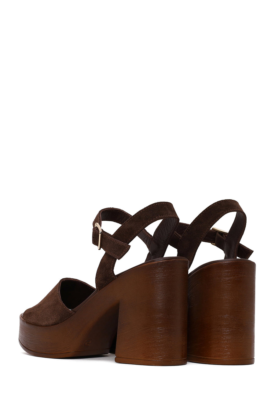 Woman Brown Buckled Platform Chunky Heeled Suede Sandal
