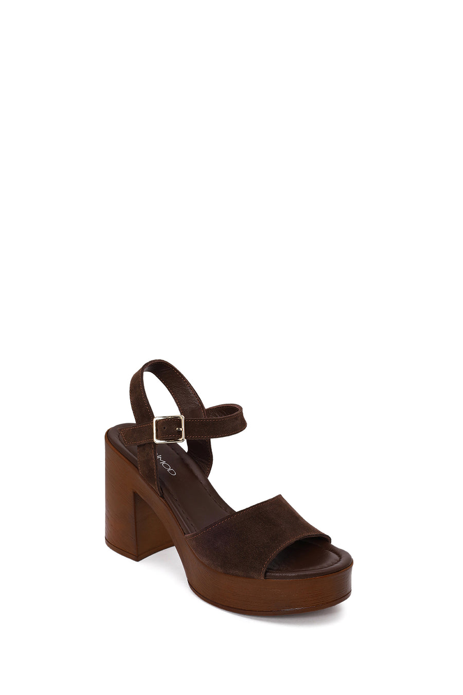 Woman Brown Buckled Platform Chunky Heeled Suede Sandal