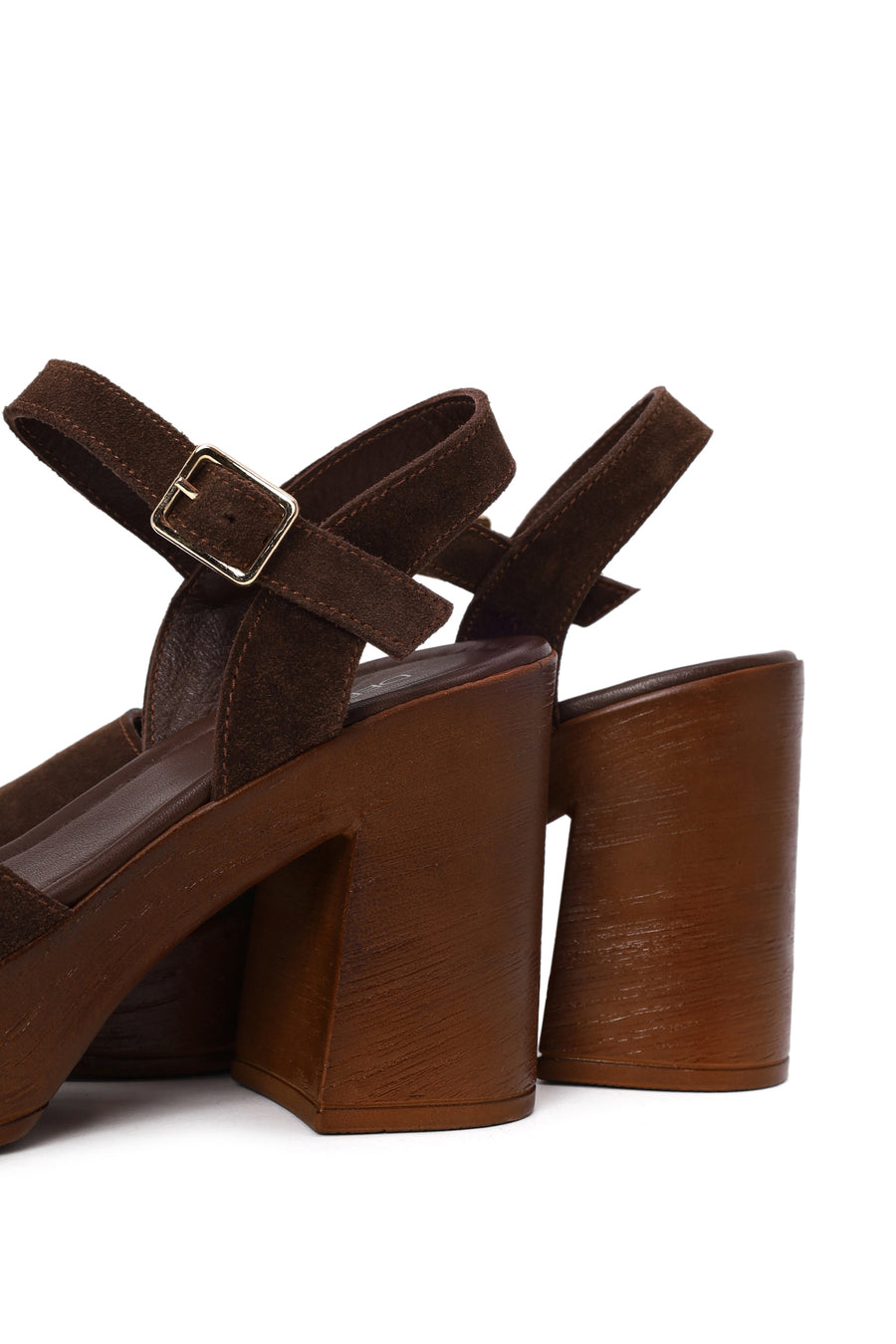 Woman Brown Buckled Platform Chunky Heeled Suede Sandal