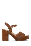 Woman Tan Buckled Platform Block-Heel Suede Leather Sandals | Derimod